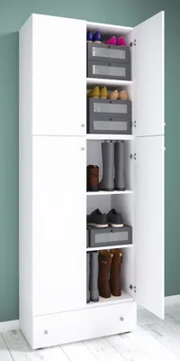 Produktbild von VCM Holz-Schuhschrank | Maße: H. 200 x B. 70 x T. 39 cm| Allzweckschrank | 5 Fächer | 4 Drehtüren | extra Schublade– Lona