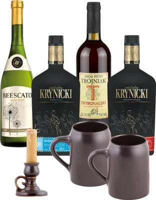 Produktbild von Setz von 4 Mets mit Keramikkrügen und Leuchter (Honigwein 2x Dwójniak-Halber / 2x Trójniak-Drittel) | 3000ml | 13-16% Alkohol Metwein | Polnische Produktion
