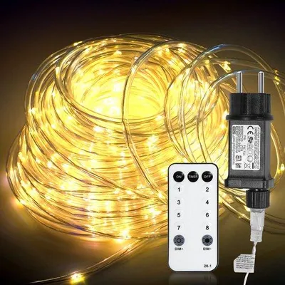 Imagen del producto de Iluminación decorativa para interiores y exteriores – 300 LEDs – 10 metros de luces LED – Guirnaldas de luces – Control remoto – Resistente al agua – Guirnaldas de luces para exteriores – Luz blanca cálida