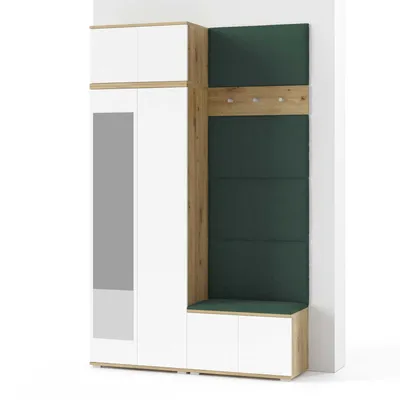 Produktbild von Garderoben-Set Aura Version 2: Kleiderschrank mit Polsterpaneelen, Schuhschrank Flur und Eingangsbereich (weiß/Artisan-Eiche /Trinity 28)