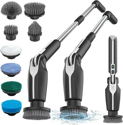Produktbild von Elektrische Reinigungsbürste, Spin Scrubber mit 8 austauschbaren Bürstenköpfen, Fernbedienung, verstellbarem langem Griff & 2 Geschwindigkeiten