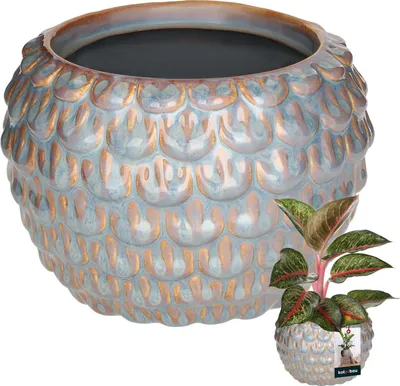 Zdjęcie produktu dla KOTARBAU® Artystyczna doniczka ceramiczna duży wzór vintage rybia łuska ręcznie robiona ⌀ 17 cm wysokość 13 cm Doniczka ceramiczna doniczka ceramiczna szara i złota doniczka ceramiczna orchidea