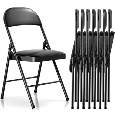 A single black folding chair is shown on the left, and a stack of identical black folding chairs is shown on the right, all against a white background.