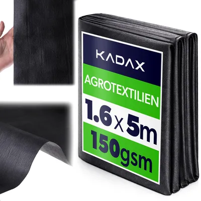 Produktbild von KADAX Unkrautgewebe 1.6 x 5 m, 150 g/m², Schwarz Hochbeetfolie aus Polypropylen, Wasserdurchlässig Mulchfolie gegen Unkraut, Unkrautfolie für Garten, Gartenfolie