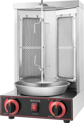 Produktbild von Döner Kebab Shawarma Grill - Gas-Vertikalgrill - 2 Brenner - 3000 W - 360° Rotation - Edelstahl - Kapazität 8–12 kg - Silber