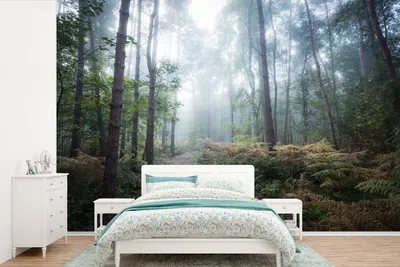 Produktbild von MuchoWow® Fototapete für Wohnzimmer oder Schlafzimmer Wandtapete Vinyl Motivtapete Wald - Nebel - Weg - 390x260 cm - Papiertapete