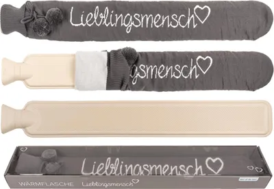A collage of images showing a long hot water bottle with a grey knitted cover, the cover alone, the hot water bottle alone, and the product in its packaging.