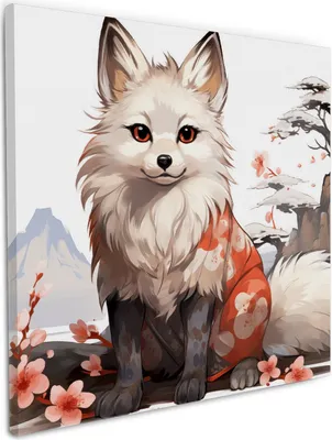 Produktbild von Wallario Premium Leinwandbild Fuchs mit Kirschblüten in Größe 50 x 50 cm