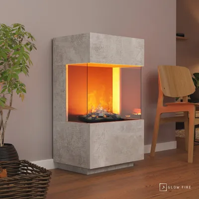 Produktbild von GLOW FIRE Elektrokamin 'OGF 1 Mini'| Wasserdampf Kamin mit OMC 400 mit Holzdekoration in Beton als Raumteiler | HxBxT: 55x96x40 cm