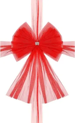 A red tulle bow with a sparkly embellishment in the center, set against a white background.