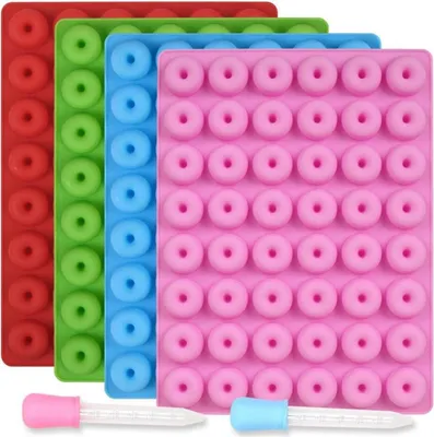 Produktbild von Silikonform Mini Donut 48 Kavitäten 4er Pack Antihaftbeschichtung - lebensmittelecht & mit 2 Pipetten