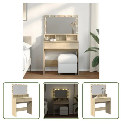 A vanity table with LED lights and a stool, shown in different lighting conditions and angles.