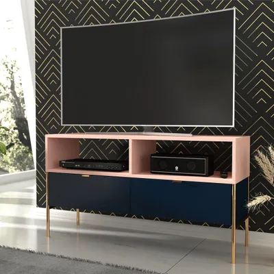 Obrázok produktu pre Selsey TV skrinka LESARI - TV skrinka v tmavomodrej/ružovej farbe s 2 zásuvkami, 2 otvorené priehradky, kovový rám v zlatej farbe, 120 cm