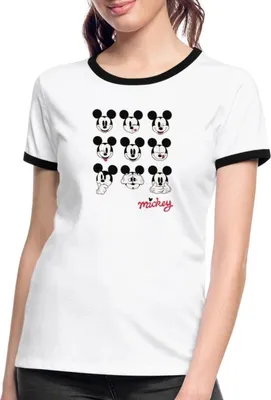 Produktbild von Mickey & Minnie Mickey Mouse Gesichtsausdrücke Frauen Kontrast T-Shirt, S, Weiß/Schwarz