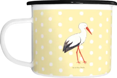 Produktbild von Mr. & Mrs. Panda Emaille Tasse Storch - Gelb Pastell - Geschenk, Becher, Lustige Sprüche, Baby, Mütter, Mutter, Störche, Große, Teetasse, Geburt, Campingbecher, Pott
