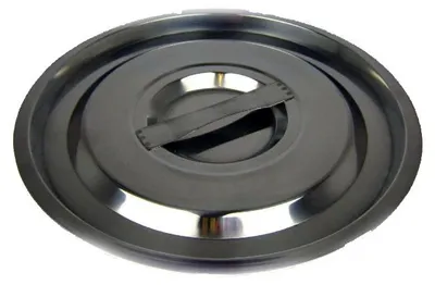 A stainless steel bucket lid with a handle.