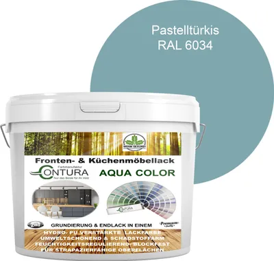 Produktbild von 2 Liter + Anlauger - Contura Küchenmöbellack RAL Möbellack SEIDENMATT SET Möbelfarbe Holzlack Buntlack Küchenlack - RAL 6034 Pastelltürkis