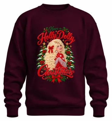 Imagen del producto de Sudadera con cuello redondo, estilo "Holly Dolly Christmas", con motivos country, para cantante, diseño Nashville, color burdeos, talla S