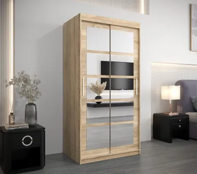 Produktbild von Kleiderschrank mit Spiegeln ALENA – Breite 100 cm, Sonoma-Eiche