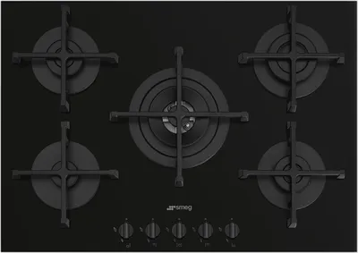 Top-down view of a black gas stove.