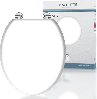 A white toilet seat is shown in front of its packaging.