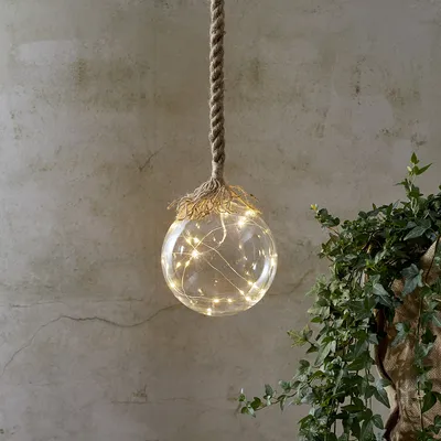 LED Glaskugel 'Jutta' - mit Juteseil - 15 warmweiße LED am Draht - L: 200cm - D: 15cm - klar