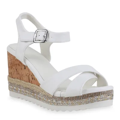 Produktbild von Mytrendshoe Damen Plateau Sandaletten Keilabsatz Strass Schuhe 835014, Farbe: Weiß, Größe: 39