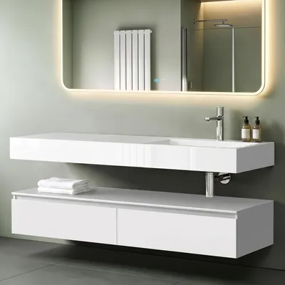 Produktbild von Mai & Mai Badmöbelset 150x48x25cm Unterschrank Weiß matt mit Soft-Close Schubladen inkl. Mineralguss-Waschbecken Rechts in matt Weiß