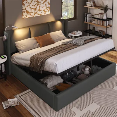 A bedroom scene featuring a bed with storage, bedside tables, and a bookshelf.