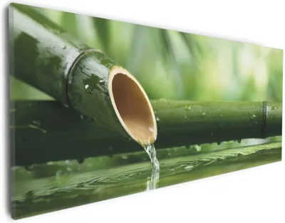 Produktbild von Wallario Premium Leinwandbild Bambusquelle  Bambusrohr mit Wasser in Größe 30 x 75 cm
