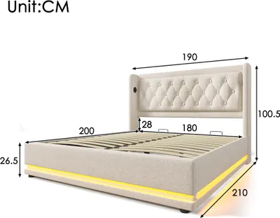 Produktbild von okwish Boxspringbett Polsterbett 180 x 200 cm mit Kopfteil mit USB-Ladeanschluss und LED-Beleuchtung, Hydraulisches Stauraumbett mit Bettkasten Stauraum(Ohne Matratze)- Beige