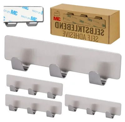 Produktbild von 4 x Hakenleiste für die Küche mit 3 selbstklebenden Edelstahlhaken, Handtuchhaken ohne Bohren, Klebehaken für das Badezimmer, Kleiderhaken zum Kleben, Badhaken, Badezimmerhaken, Wandhaken, Bad Aufhängehaken