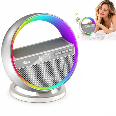 Produktbild von Nachttischlampe mit Bluetooth Lautsprecher, RGB Tischlampe mit Digitaluhr und kabelloser Ladefunktion, Wecker, USB, TF-Karte und AUX