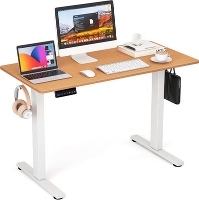 Biurko COSTWAY 120x60cm z regulacją wysokości, elektryczne biurko stojące z funkcją pamięci, 2 haczyki i prowadzenie kabli, biurko komputerowe