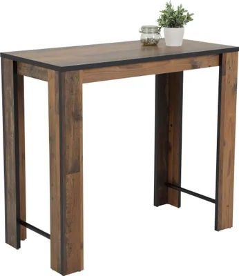 A bar table with a wood-look top and black metal legs, shown against a white background.