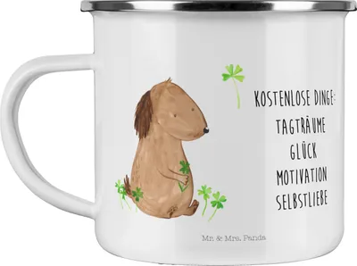 Produktbild von Mr. & Mrs. Panda Teetasse Hund Kleeblatt - Weiß - Geschenk, Kaffeepott, Gratis, wandertasse, Achtsamkeit, Glück, Teebecher, Tasse Emaille, Pott, Sprüche