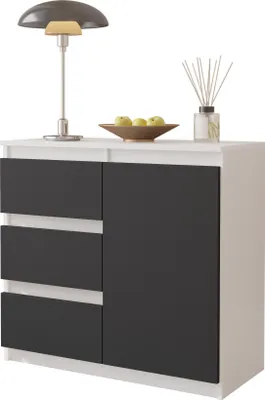 Produktbild von FURNICA - MIKEL - Kommode / Sideboard mit 3 Schubladen und 1 Tür - Weiß Matt / Anthrazit Grau H75cm B80cm T35cm