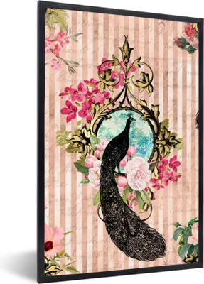 Produktbild von MuchoWow® Gerahmtes Poster Pfau - Rosa - Blumen 60x90 cm - Poster mit Schwarzem Bilderrahmen Wandposter Rahmen Foto Bilder - Kunst