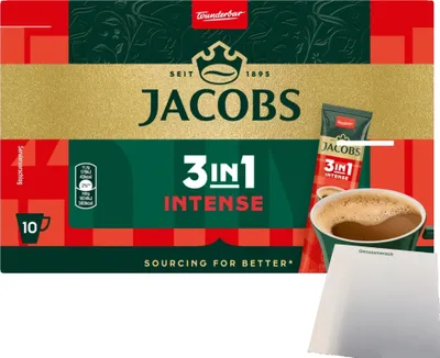 Produktbild von Jacobs 3in1 Löslicher Kaffee-Sticks Intense 10er (111g Packung) + usy Block