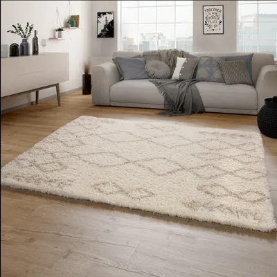 Image de Tapis à poils longs pour salon Shaggy à poils longs Motif scandinave en losange Moderne Dimensions 120 x 160 cm