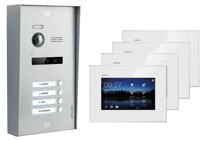 Produktbild von Aufputz Videosprechanlage BALTER EVO 2-Draht BUS für 4-Familienhaus mit 4x7" Monitoren Weiß Silber