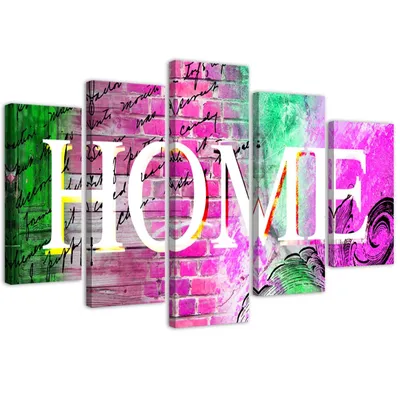 Produktbild von 5-teiliges leinwandbild home-schriftzug auf farbigem hintergrund 100x70 cm Feeby rosa wandbild bereit zum aufhängen