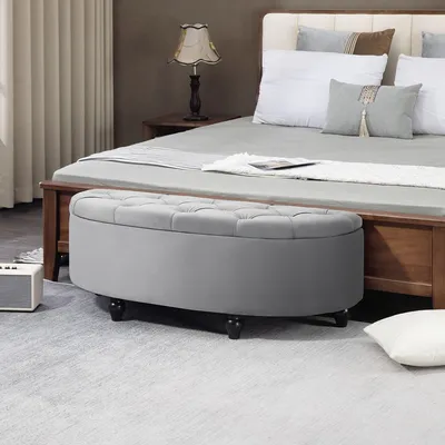 Imagen del producto de Poef - Banco de almacenamiento - Reposapiés - Taburete - Caja de asiento - Tapizado en terciopelo - Estructura de metal - Gris