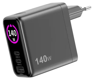 Zdjęcie produktu dla Ładowarka Sitecom 140W GaN z 2 portami USB-C, 1 portem USB, wyświetlaczem LED i technologią Power Delivery