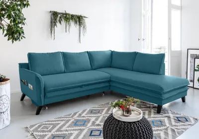 Produktbild von MIUFORM Charming Charlie - Ecksofa mit Bettfunktion und Bettkasten L-FORM RECHTS - 234x200cm - Türkis - Sofa Schlafsofa Couch