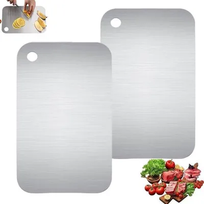 Produktbild von Unyqoos® Edelstahl-Schneidebrett-Set, beidseitig verwendbar – 25×15 cm, 1,5 mm, Edelstahl 304, antibakterielle Oberfläche, spülmaschinenfest