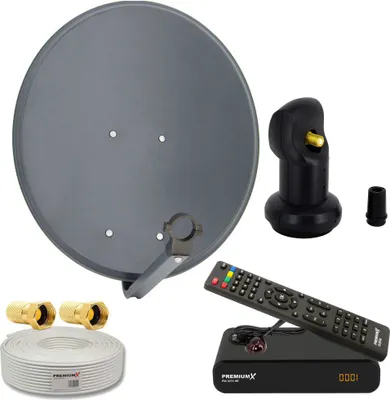 A collection of satellite dish components and accessories laid out on a white background.