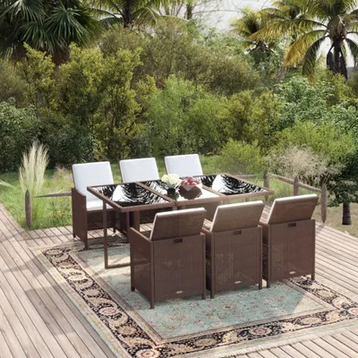Produktbild von Möbel 7-tlg. Garten-Essgruppe mit Kissen Poly Rattan Braun - Gartenmöbelgarnituren 3095539