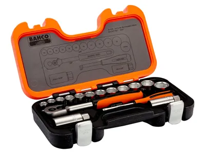 Image de Bahco Jeu de clés à douilles en acier au chrome vanadium 33 pièces 1/4 pouce+ 1 / 8 pouce pour entraînement 4 pans - S330