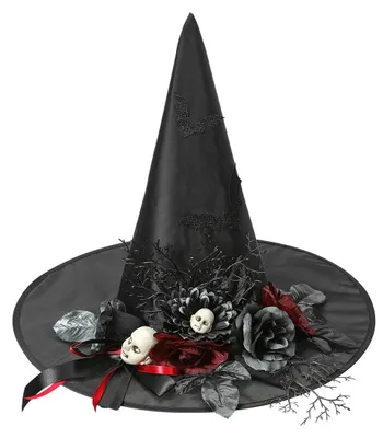 Produktbild von Schwarzer Hexenhut mit Fledermäusen, Rosen & Puppenköpfen